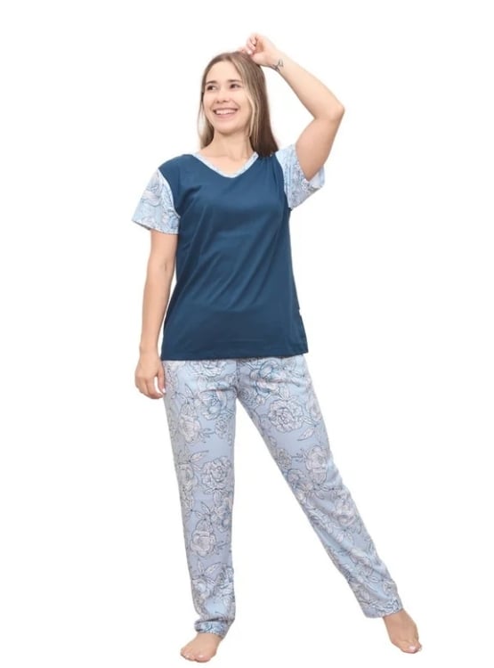 PIJAMA ALGODÓN MUJER INGA PIJAMAS AZUL MARINO FEMINI BOTANIC COBERT BLUE - 1