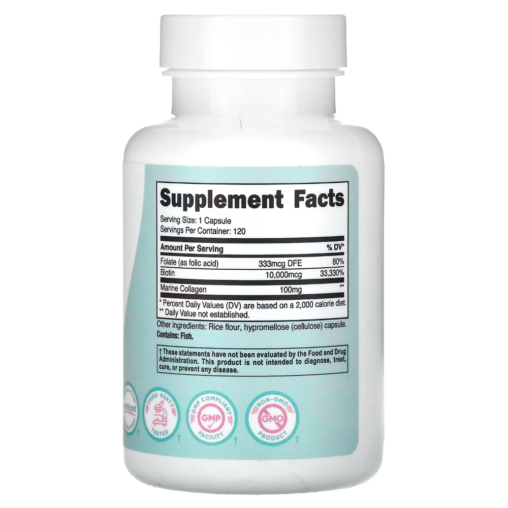 NUTRICOST BIOTIN PARA MUJER 10000 MCG CON COLAGENO MARINO Y FOLATO - 4