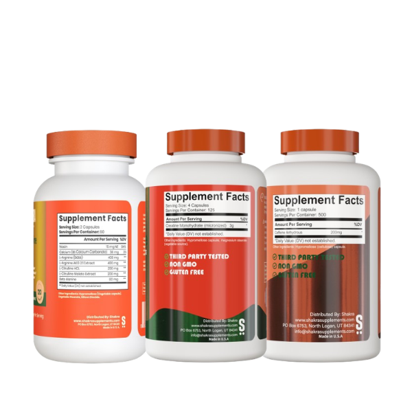 SHAKRA RENDIMIENTO Y BOMBEO MUSCULAR (CREATINE MONOHYDRATE 500 cap + L-ARGININE PLUS 120 cap + CAFFEINE 500 cap) - 2