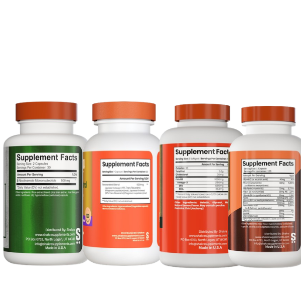 PACK X4 SHAKRA NMN 60 cap + RESVERATROL 120 cap + OMEGA 3 FISH OIL 120 cap + VITAMIN B COMPLEX 120 cap - 2
