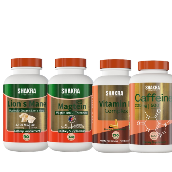 OPTIMIZACIÓN NOOTRÓPICA TOTAL - SHAKRA (LION'S MANE MUSHROOM + MAGTEIN + VITAMIN B COMPLEX 120cap + CAFFEINE 200 mg 500 cap) - 1