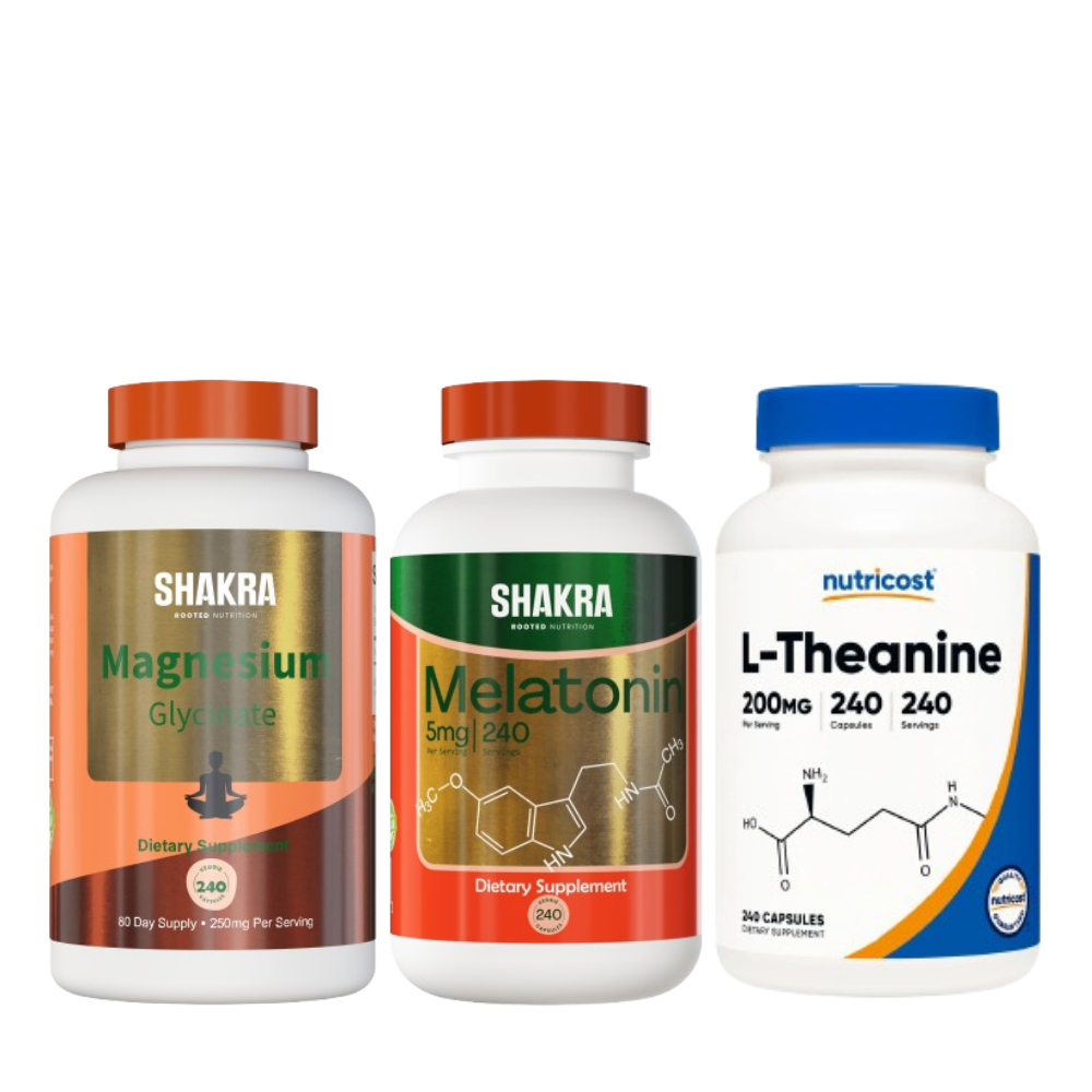 SHAKRA MAGNESIO GLICINATO 240 CAP+ NUTRICOST L-THEANINE 200MG 240 CACP+ SHAKRA MELATONINA 5MG 240 CAP - 1