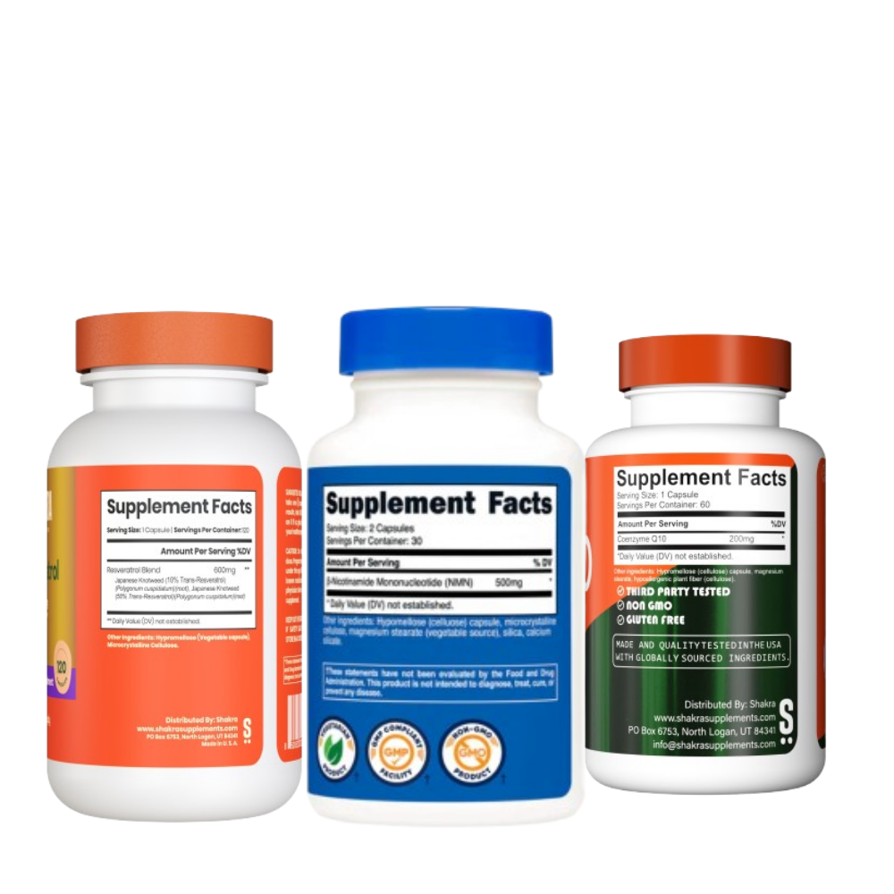SHAKRA RESVERATROL 600MG 120 CAP+ NUTRICOST NMN NICOTINAMIDA MONONUCLEOTIDA+ SHAKRA COQ10 200MG 60 CAP - 2