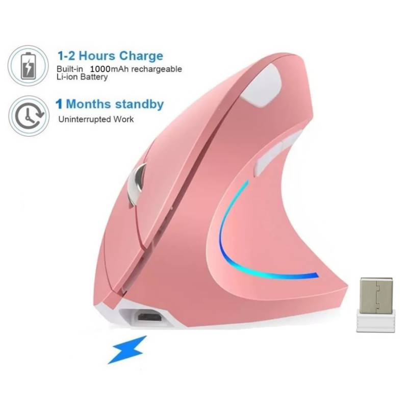 MOUSE VERTICAL RECARGABLE ERGONOMICO USB INALAMBRICO GAMER - ROSA - 1