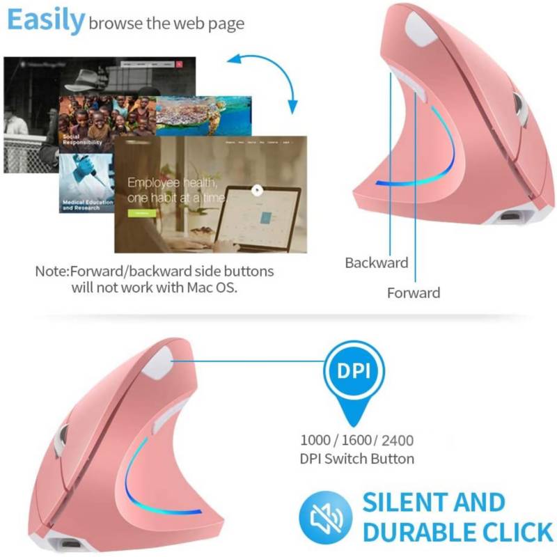 MOUSE VERTICAL RECARGABLE ERGONOMICO USB INALAMBRICO GAMER - ROSA - 3