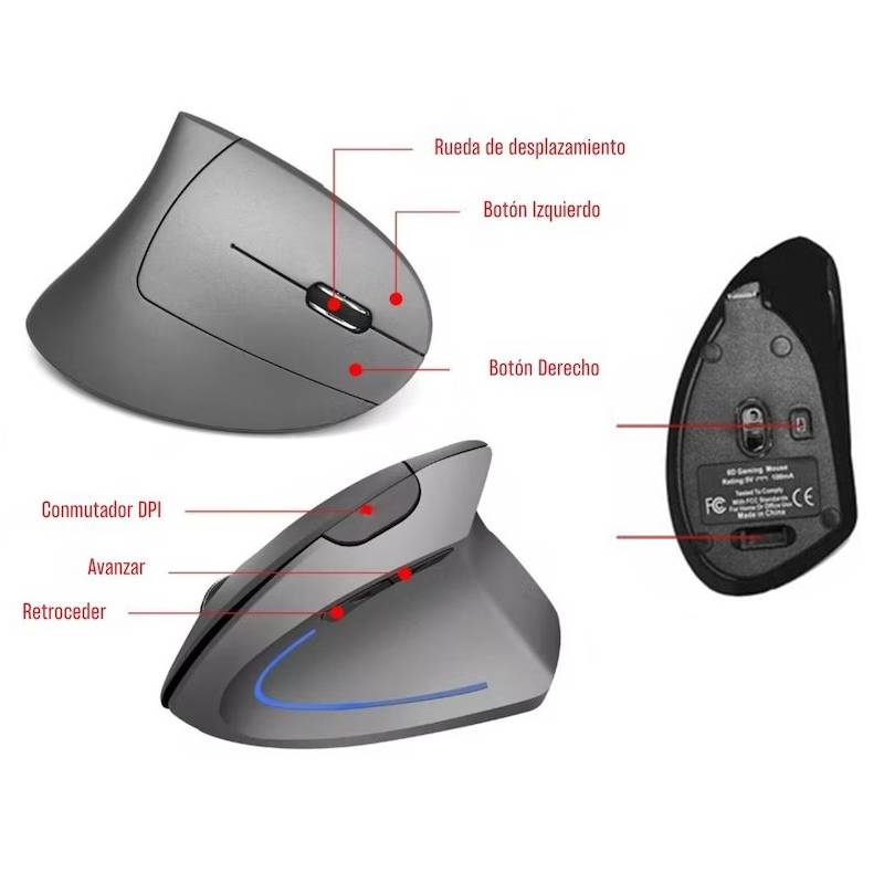MOUSE VERTICAL RECARGABLE ERGONOMICO USB INALAMBRICO GAMER - ROSA - 5
