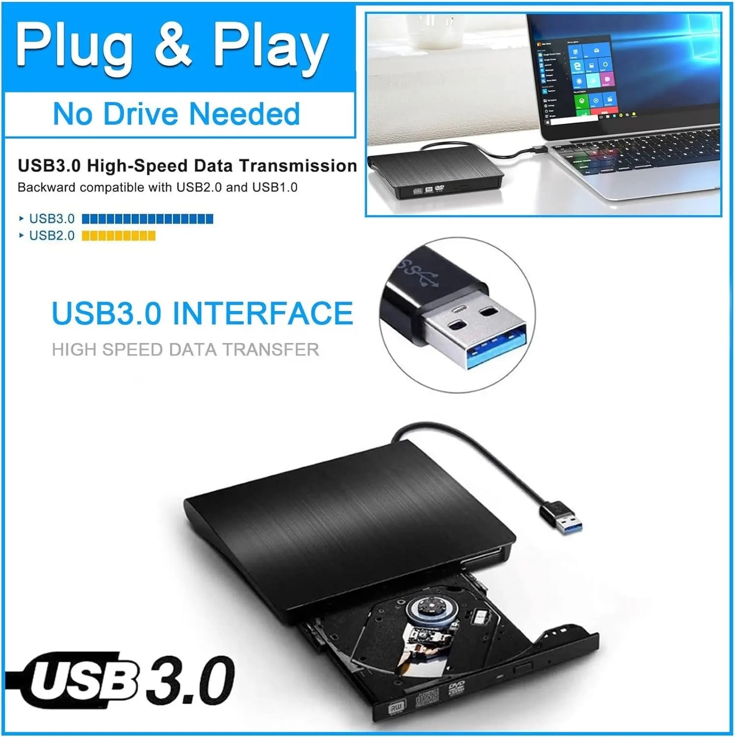 GRABADOR LECTOR DE DVD /CD EXTERNO PORTATIL USB 3.0 - 2