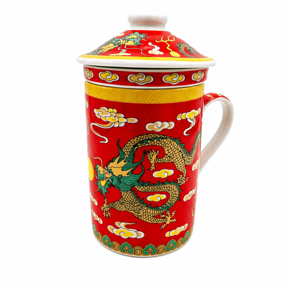 TAZA CERAMICA CON FILTRO ORIENTAL DRAGONES FORTUNA CIELO NUBES CAPACIDAD 270ML - 1