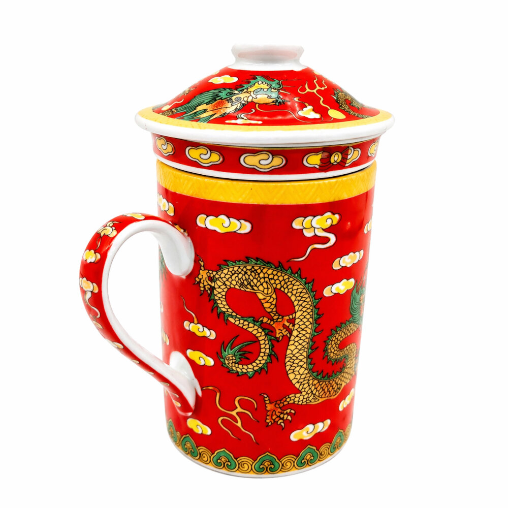 TAZA CERAMICA CON FILTRO ORIENTAL DRAGONES FORTUNA CIELO NUBES CAPACIDAD 270ML - 3