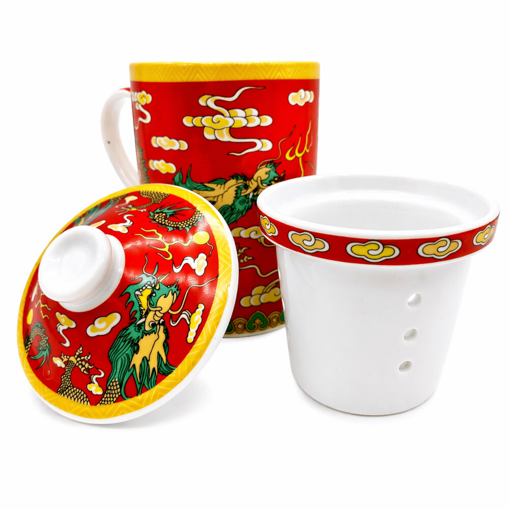 TAZA CERAMICA CON FILTRO ORIENTAL DRAGONES FORTUNA CIELO NUBES CAPACIDAD 270ML - 6