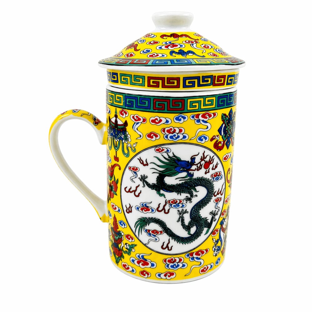 TAZA CERAMICA CON FILTRO ORIENTAL DRAGON ASHTA MANGALAS CAPACIDAD 270ML - 1
