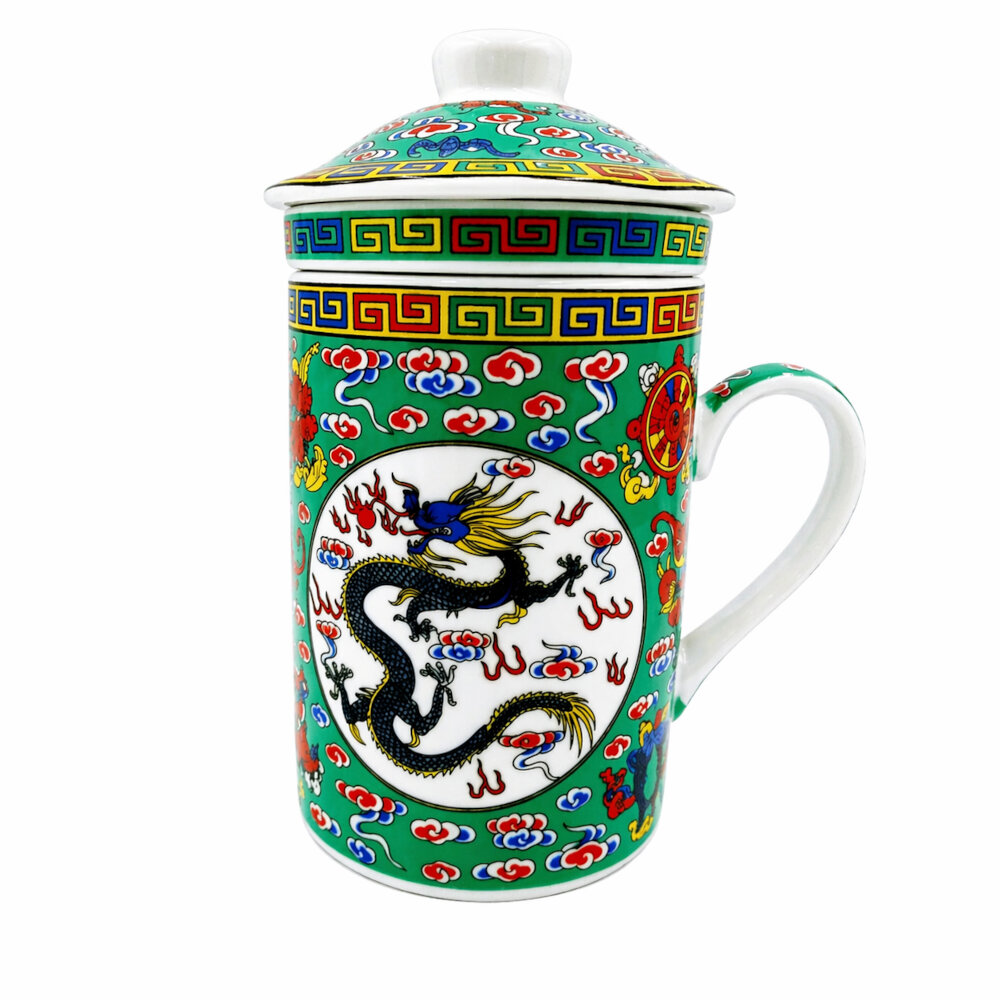 TAZA CERAMICA CON FILTRO ORIENTAL DRAGON NUBES ASHTA MANGALAS CAPACIDAD 270ML - 1