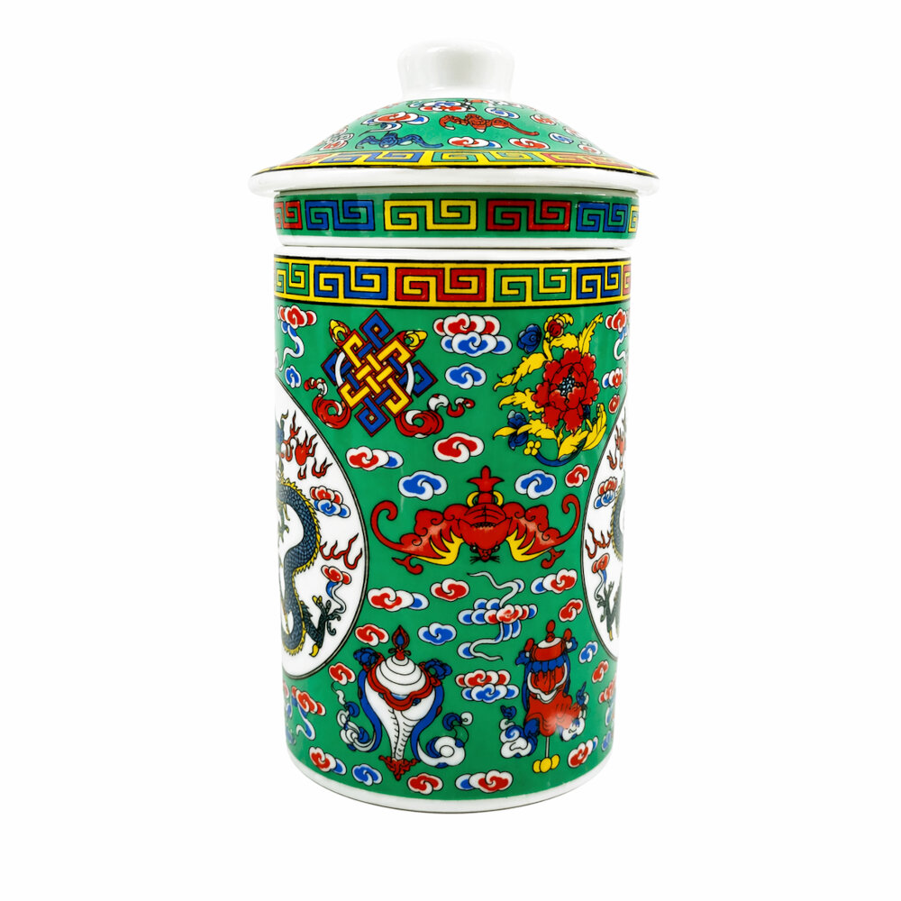 TAZA CERAMICA CON FILTRO ORIENTAL DRAGON NUBES ASHTA MANGALAS CAPACIDAD 270ML - 2