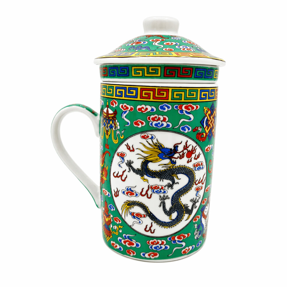 TAZA CERAMICA CON FILTRO ORIENTAL DRAGON NUBES ASHTA MANGALAS CAPACIDAD 270ML - 3
