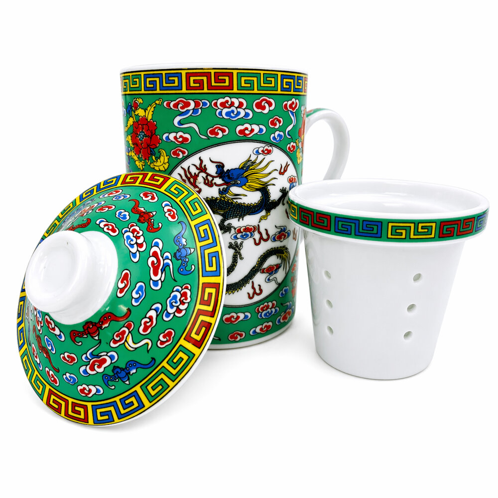 TAZA CERAMICA CON FILTRO ORIENTAL DRAGON NUBES ASHTA MANGALAS CAPACIDAD 270ML - 5