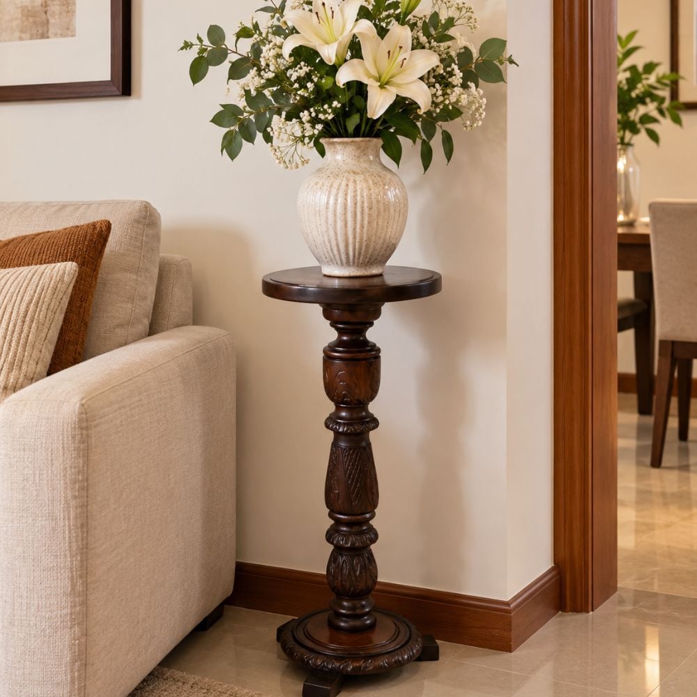 MESA PEDESTAL MADERA MARRÓN 30X30CM REDONDA SALA EN CAOBA - 4