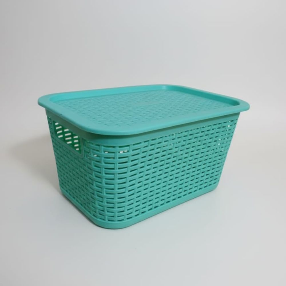 IMPECABLE CAJITA ORGANIZADORA DE RATAN EN VERDE AGUA CON TAPA - ELEGANTE Y FUNCIONAL - 2