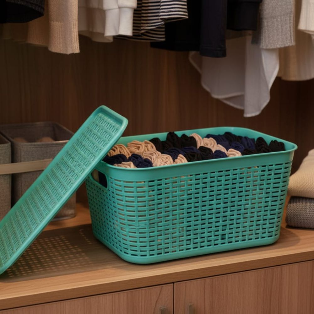 IMPECABLE CAJITA ORGANIZADORA DE RATAN EN VERDE AGUA CON TAPA - ELEGANTE Y FUNCIONAL - 5