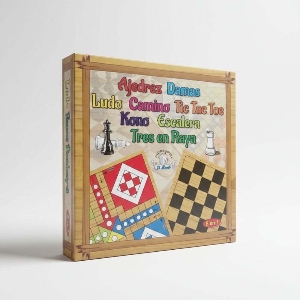 JUEGO DE MESA 8 EN 1 TABLERO DE MADERA - AJEDREZ, DAMAS, LUDO, CAMINO, TIC TAC TOE, KONO, ESCALERA, TRES EN RAYA - 1