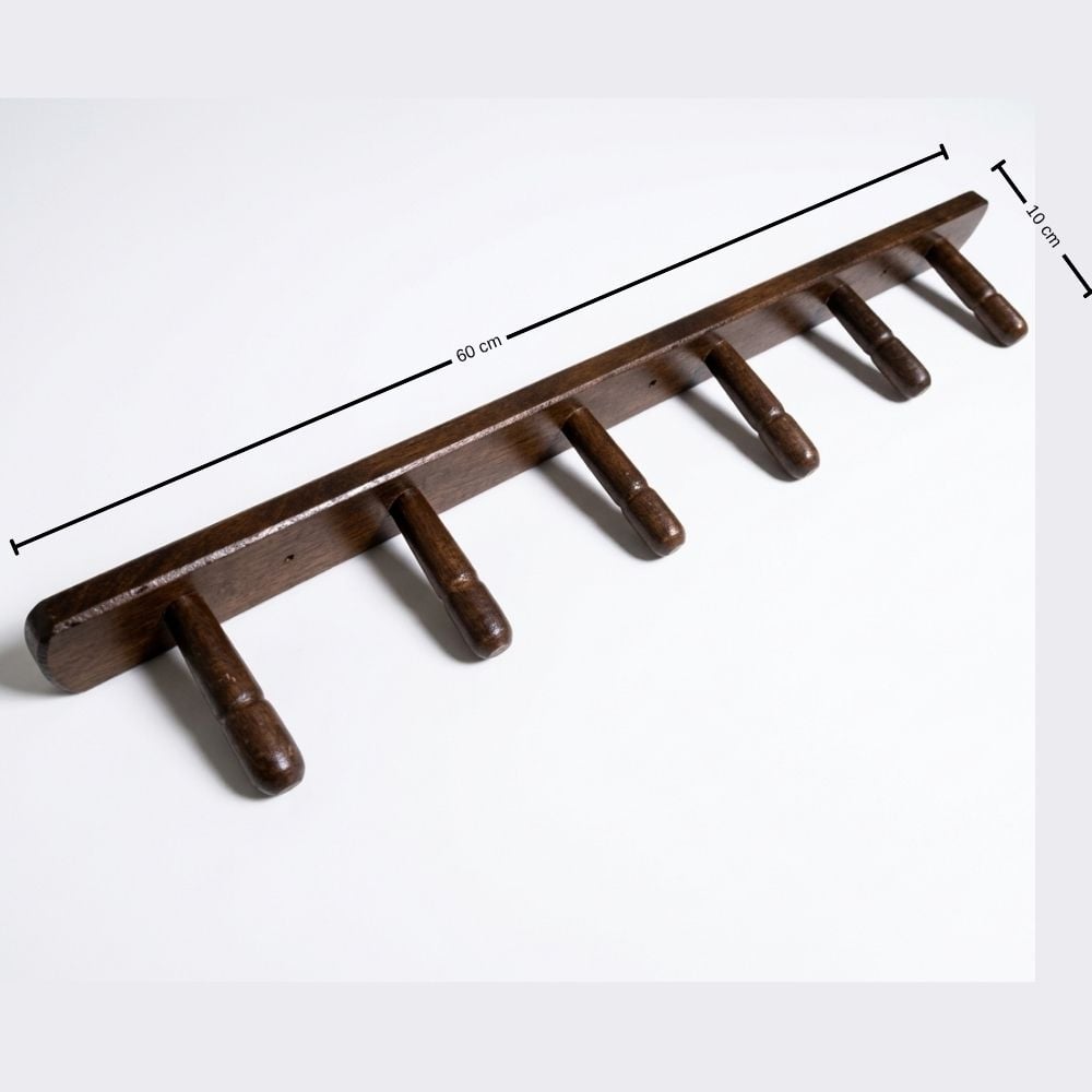 PERCHERO DE PARED DE MADERA MARRON OSCURO 60CM  - 6 GANCHOS RESISTENTE MULTIUSO HOGAR OFICINA - 2