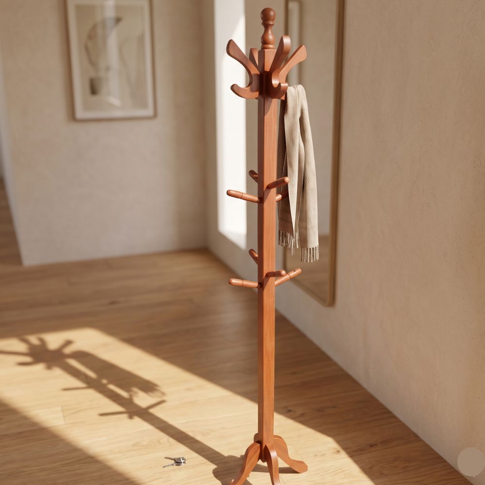 PERCHERO DE PIE DE MADERA COLOR CEDRO 1.75 CM ORGANIZADOR PARA ROPA ABRIGOS SOMBREROS Y ACCESORIOS - 3
