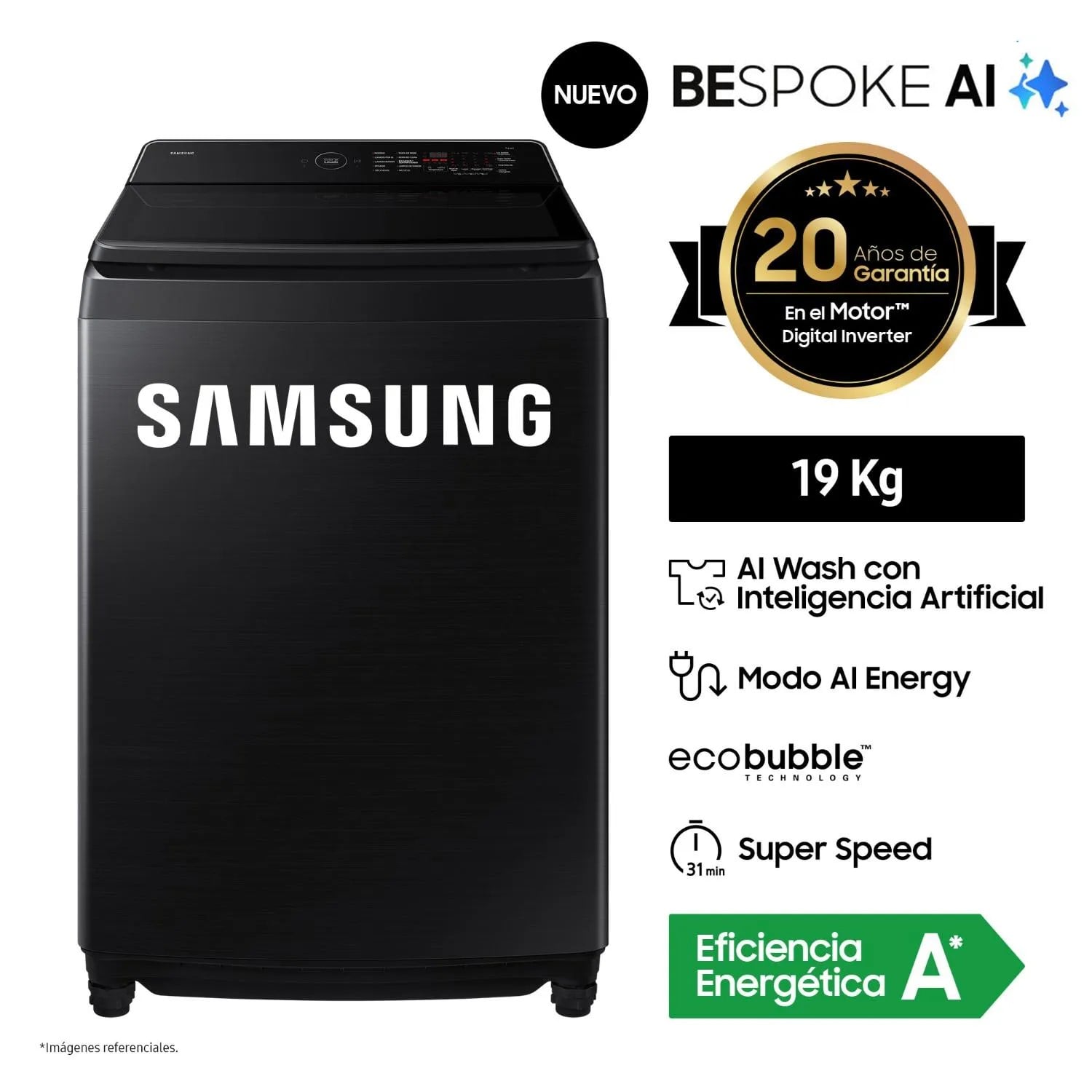 LAVADORA SAMSUNG AI WASH ECOBUBBLE 19KG WA80F19S8BPE WIFI - 1