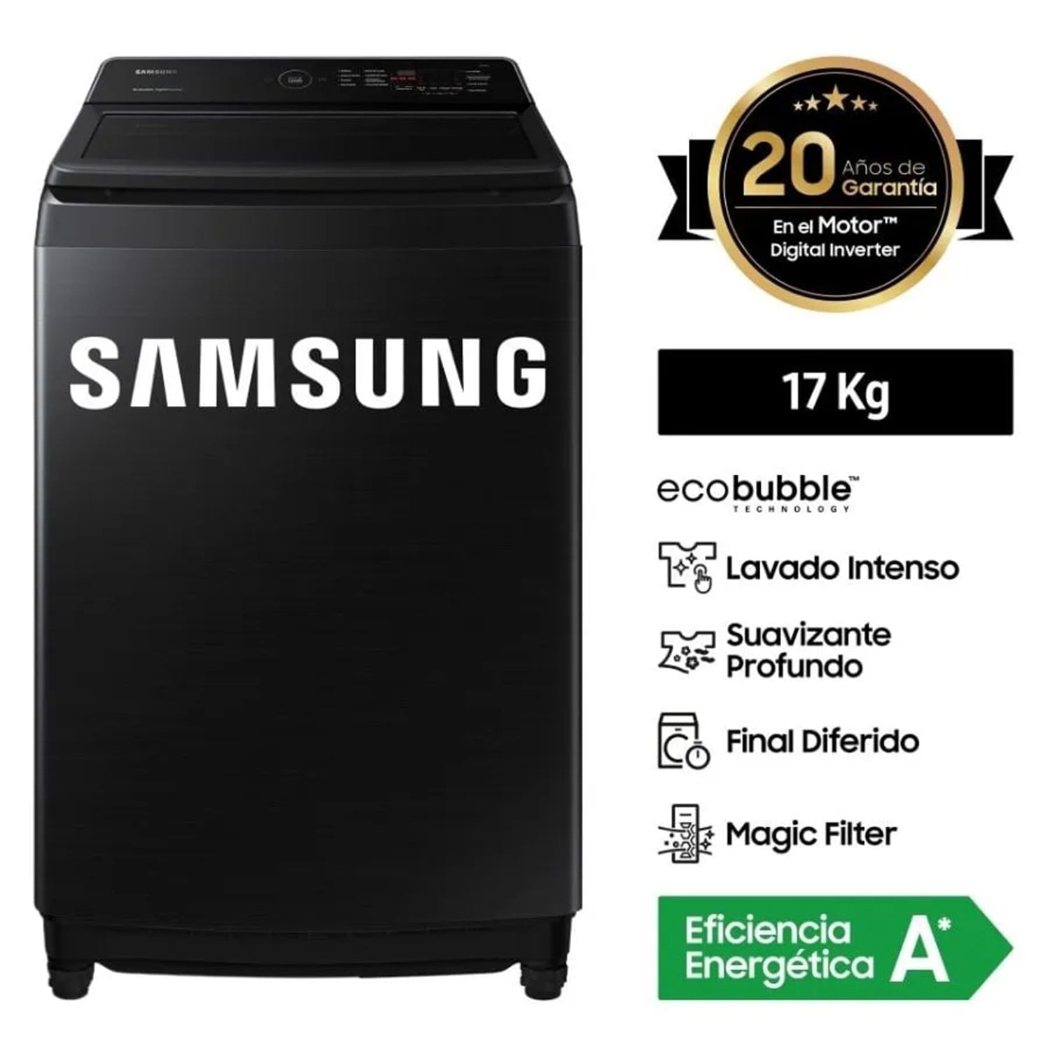 LAVADORA SAMSUNG 17 KG CARGA SUPERIOR ECO BUBBLE WA17CG6441BVPE NEGRO - 1