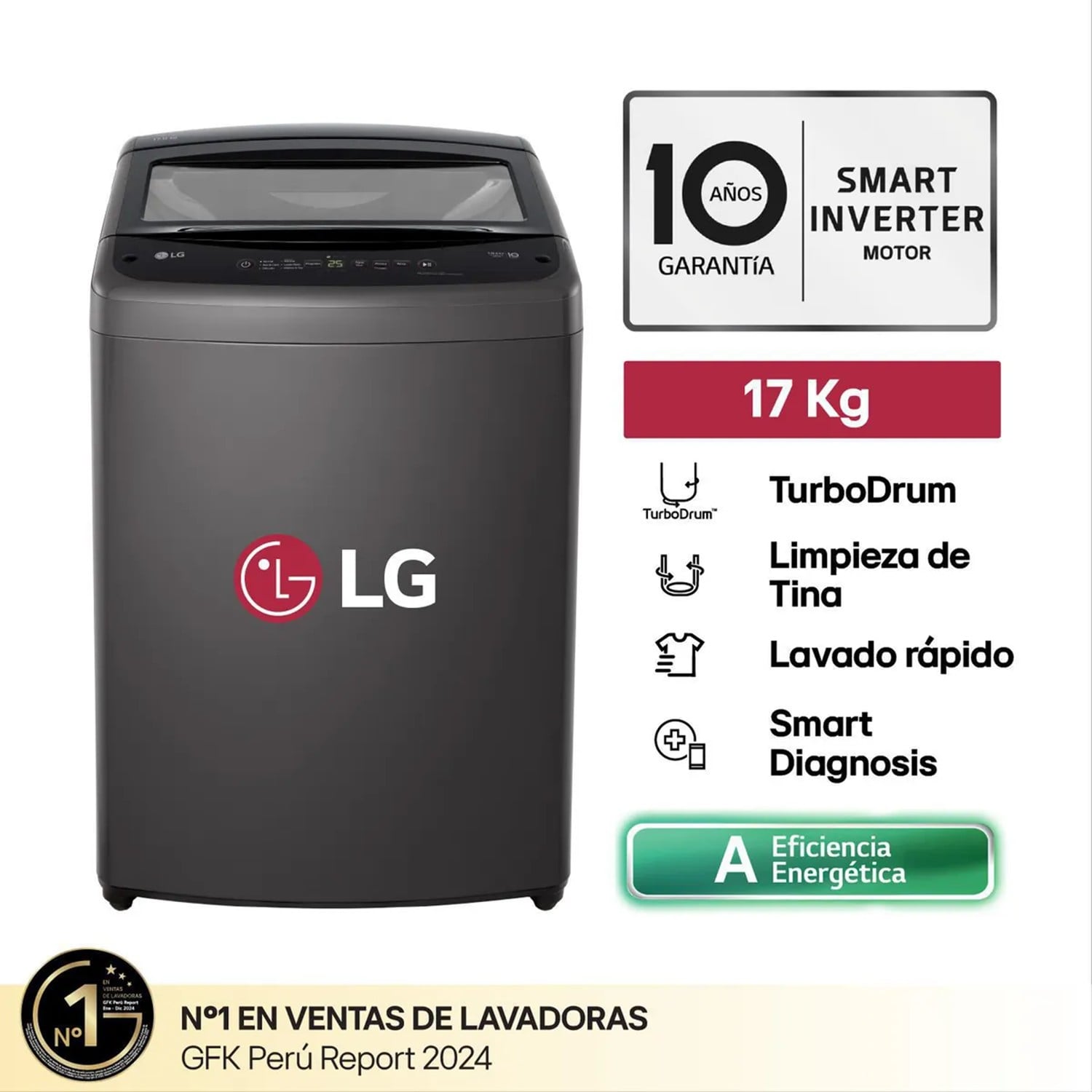 LAVADORA LG 17KG SMART INVERTER TURBODRUM WT17BVTB NEGRO CLARO - 1