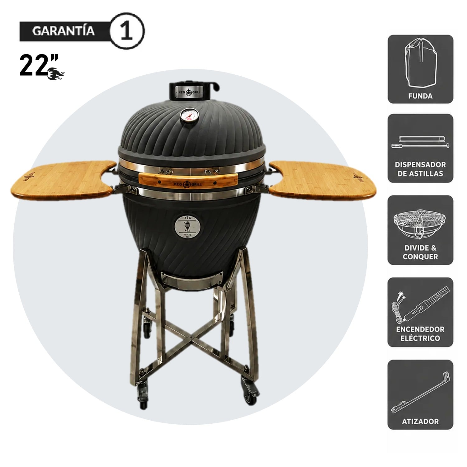 PARRILLA KAMADO PREMIUM BLACK FLAME 22” GRIS - 1