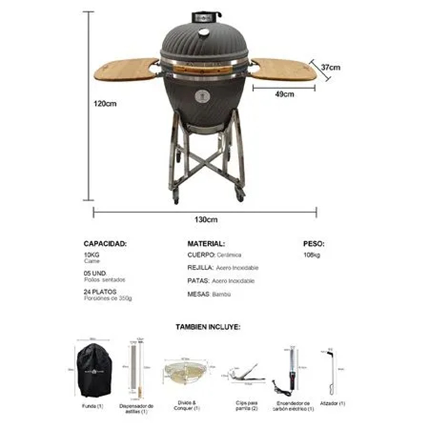 PARRILLA KAMADO PREMIUM BLACK FLAME 22” GRIS - 6