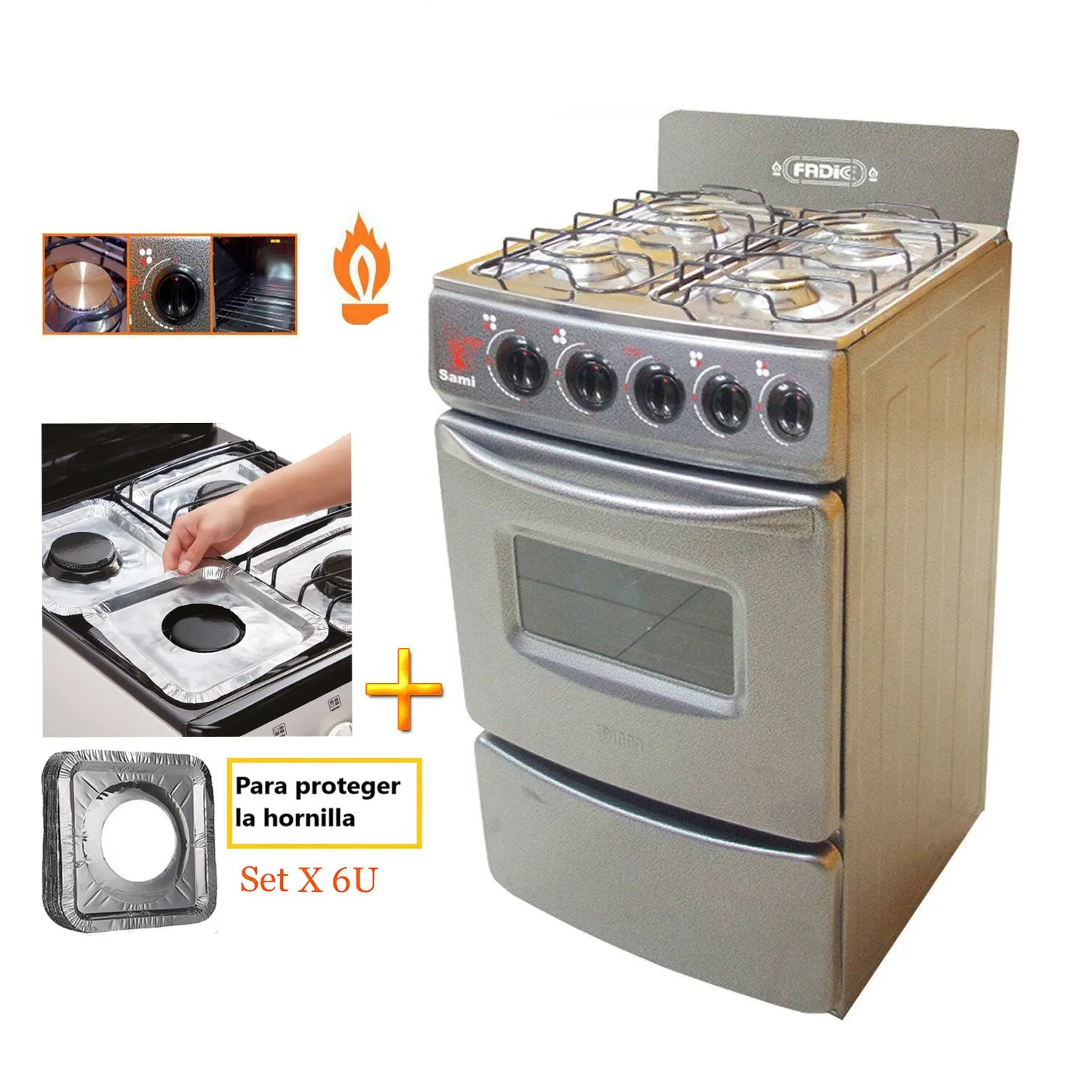 COCINA 4 HORNILLAS FADIC CON RESPALDAR Y HORNO 20 4H GRIS +PROTECTOR SAMI - 1