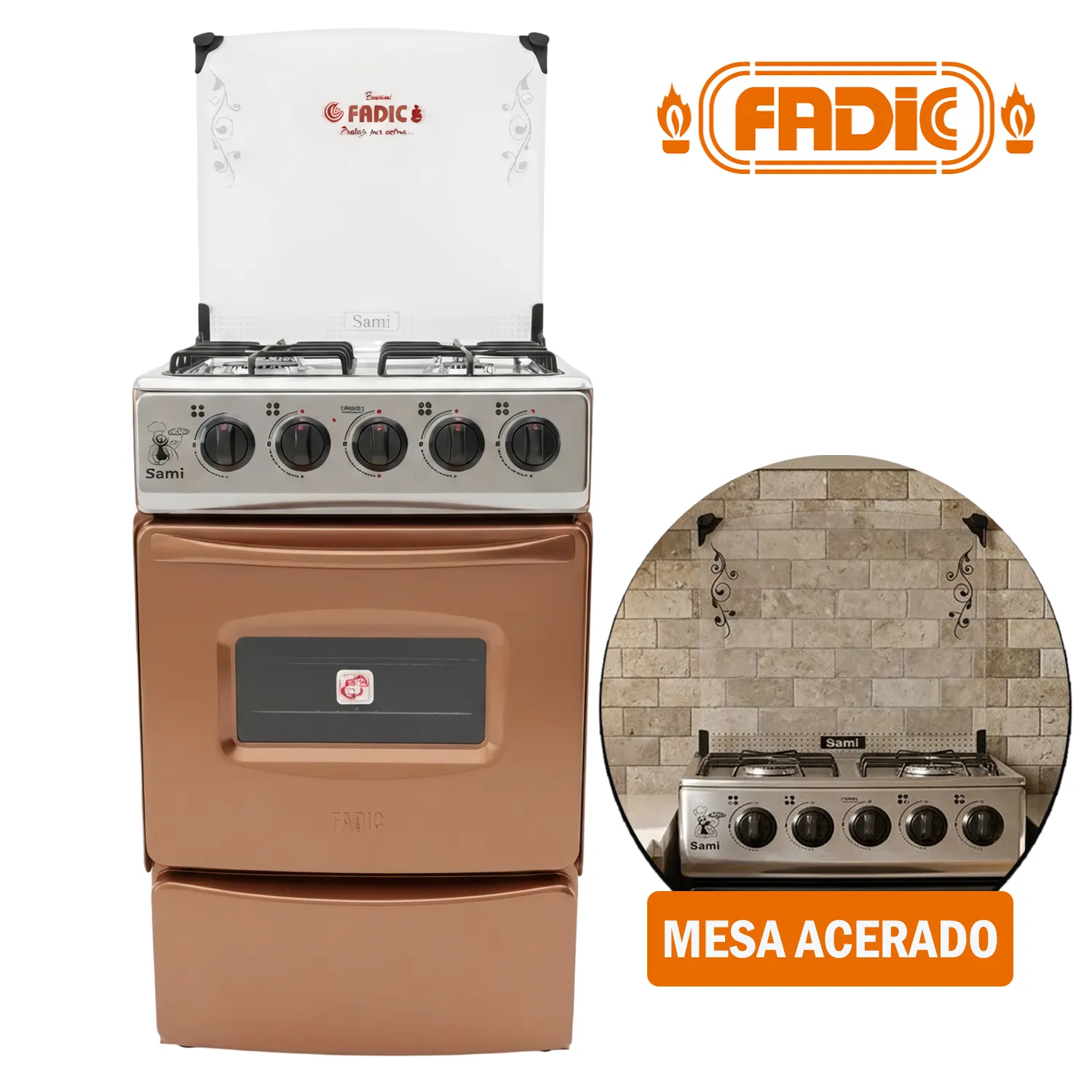 COCINA 4H CON TAPA DE VIDRIO Y HORNO SAMI COBRE - 1