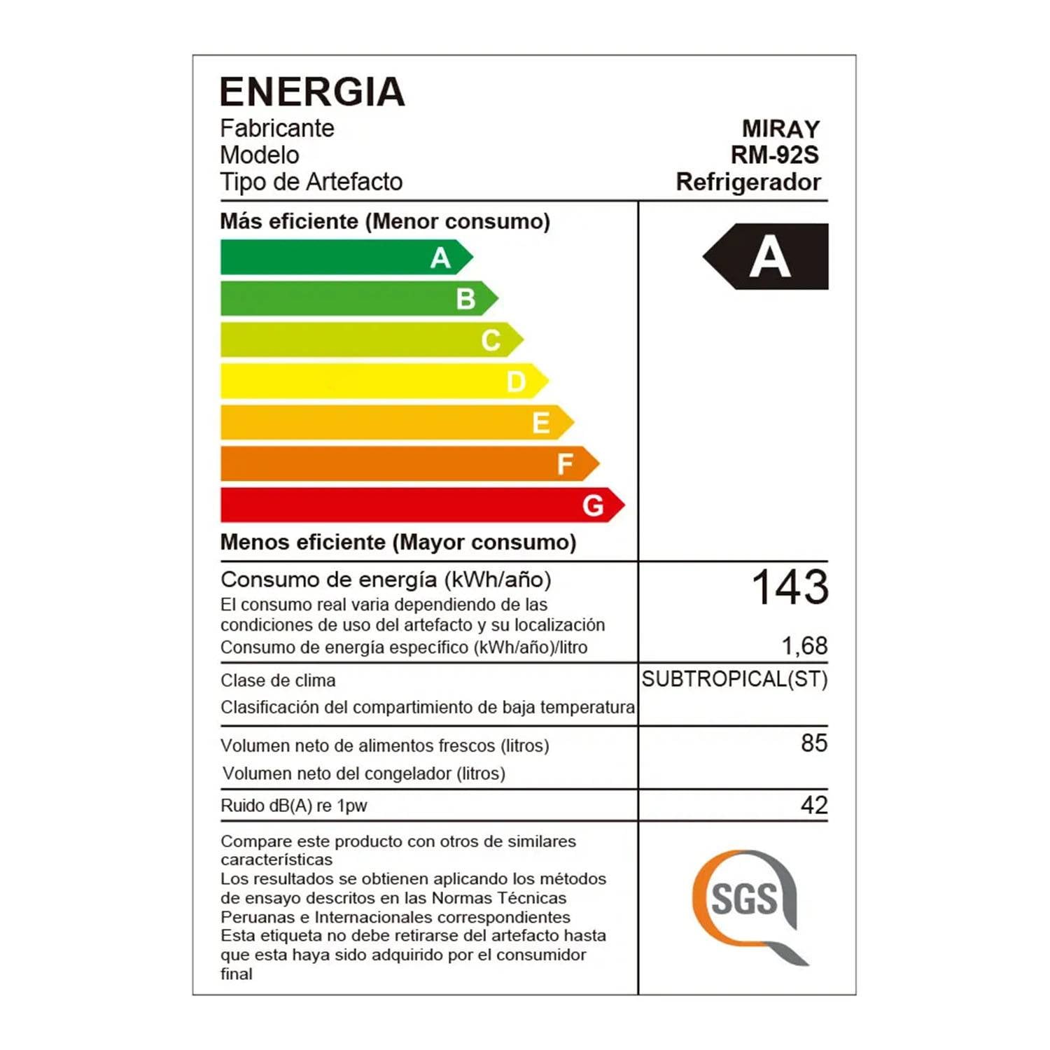 FRIGOBAR-REFRIGERADORA MIRAY RM-92S 85 L - 3
