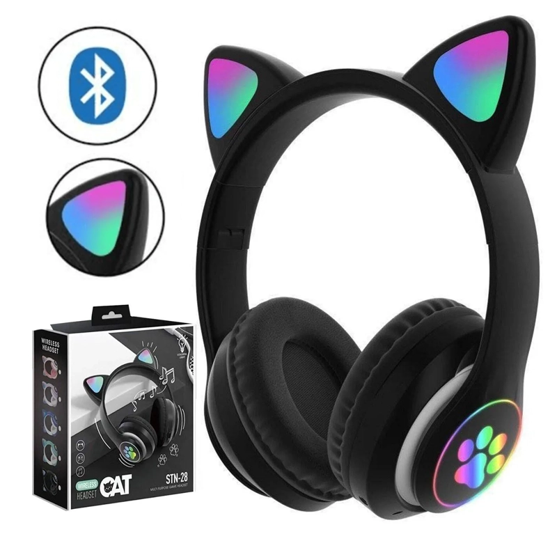AUDÍFONOS STN-28N BLUETOOTH GATO CON LUZ LED NEGRO - 1