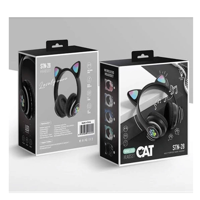 AUDÍFONOS STN-28N BLUETOOTH GATO CON LUZ LED NEGRO - 2