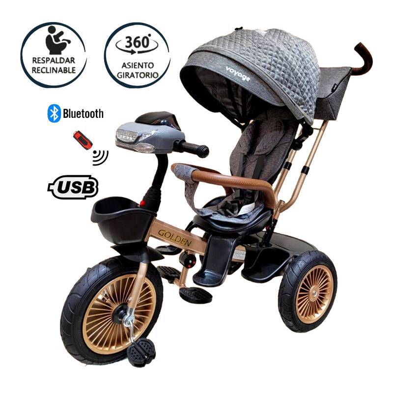 TRICICLO ASIENTO GIRATORIO VOYAGE GOLDEN CON TELA UV GRIS - 1
