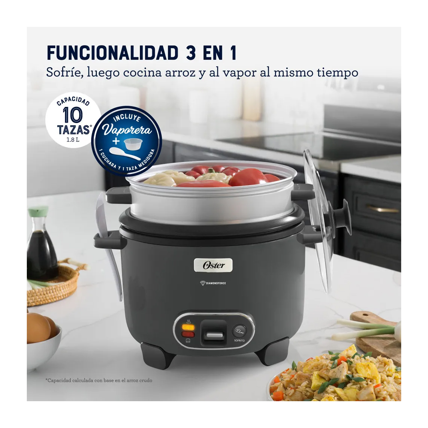 OLLA ARROCERA OSTER 1.8L 3 EN 1 FUNCIÓN DE SOFRITO VAPORERA GRIS CKSTRC10DFSKE - 6