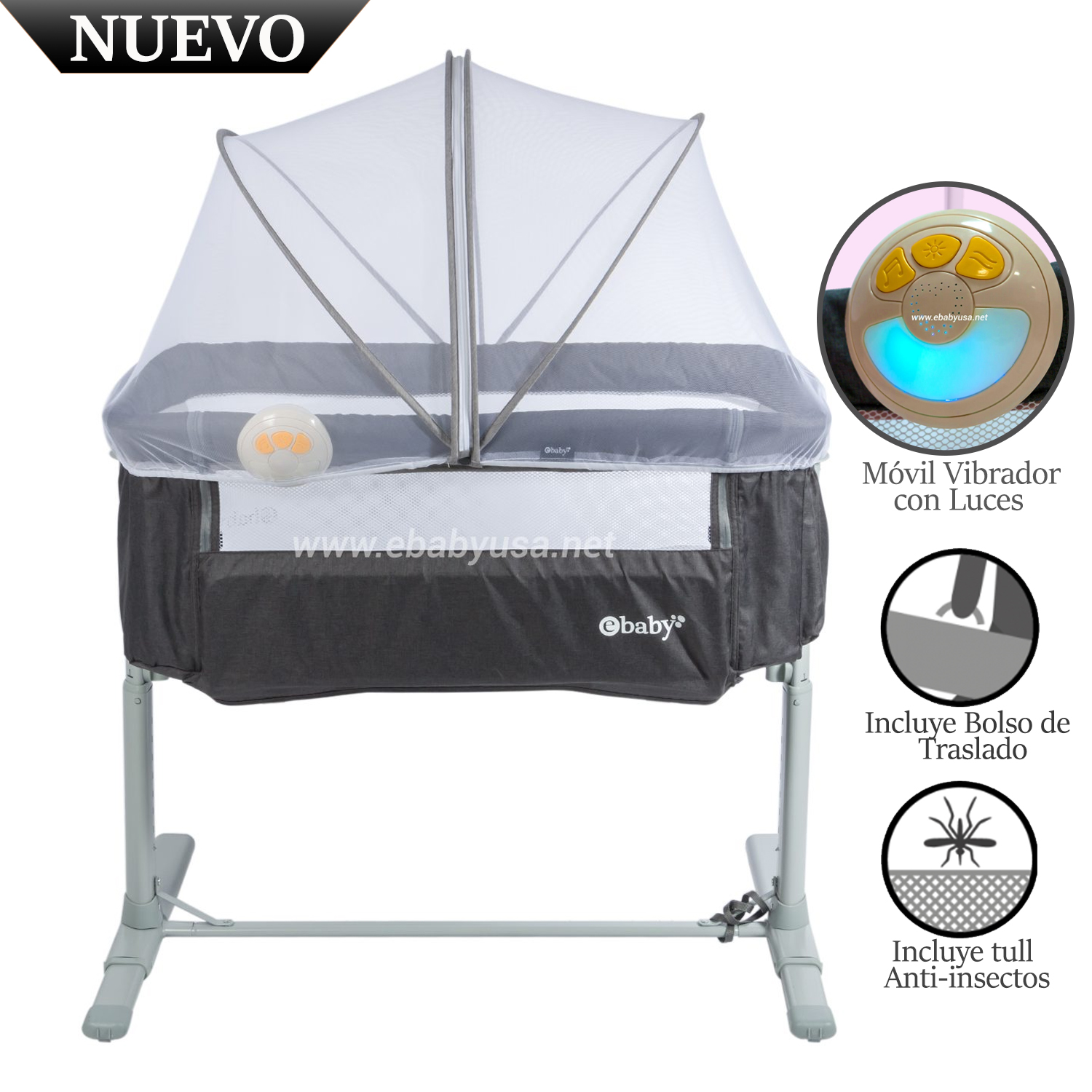 CUNA COLECHO EBABY MUSICAL Y VIBRADOR TAMI GRIS EB756 - 1