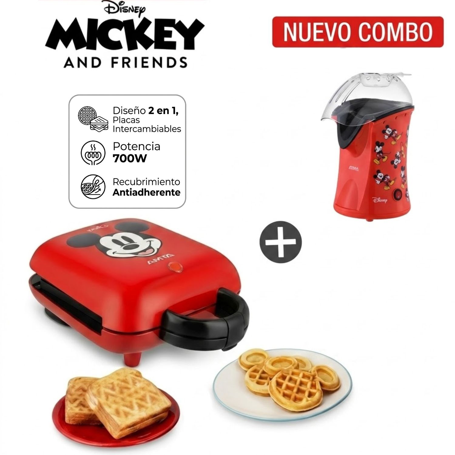 COMBO WAFLERA SANDWICHERA ATMA DE MICKEY DISNEY + POP CORN MAKER CANCHITA SIN ACEITE ATMA DISNEY - 1