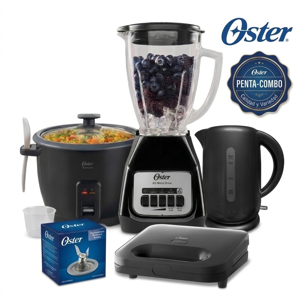 PENTA-COMBO OSTER LICUADORA 2VPULSO BPB + OLLA ARROCERA CKSTRCB10DFBL+ HERVIDOR 3101 + SANDWICHERA 2885 + CUCHILLA - 1