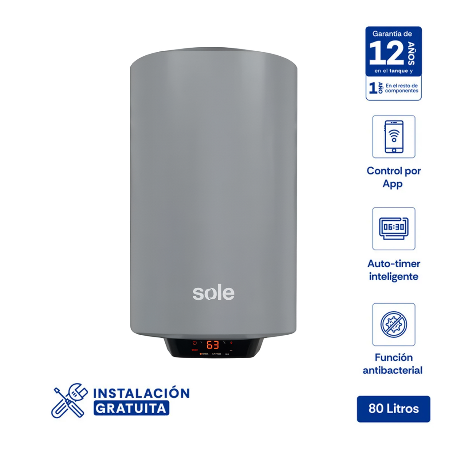 TERMA ELÉCTRICA SOLE GENIUS WIFI 80 LITROS ACERO APORCELANADO - 1