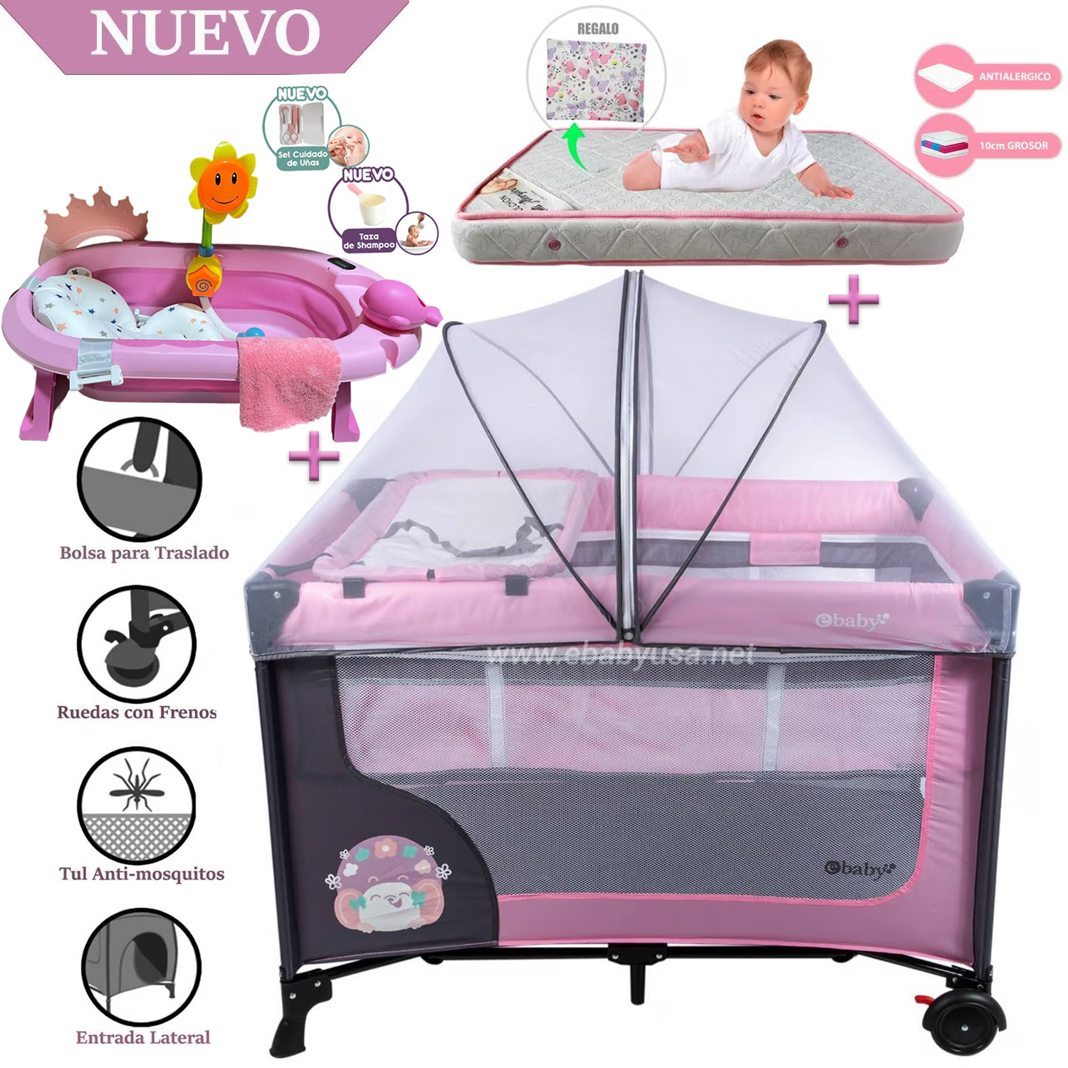 CUNA CORRAL EBABY HAPPY DREAM ROSADO-COLCHÓN Y BAÑERA - 1