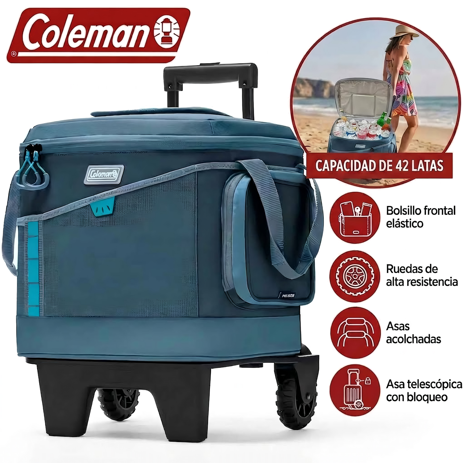 NEVERA PORTÁTIL FLEXIBLE SPORTFLEX™ DE 42 LATAS CON RUEDAS, COLOR OCÉANO - 1