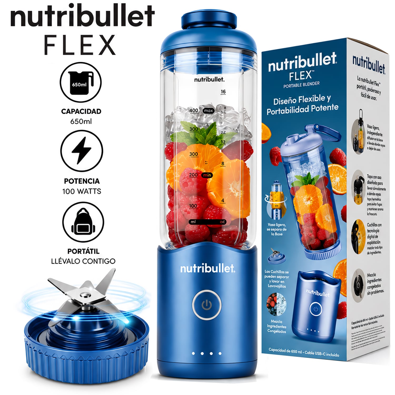 LICUADORA PORTÁTIL NUTRIBULLET FLEX 650 ML PARA SMOOTHIES Y BATIDOS AZUL - 1