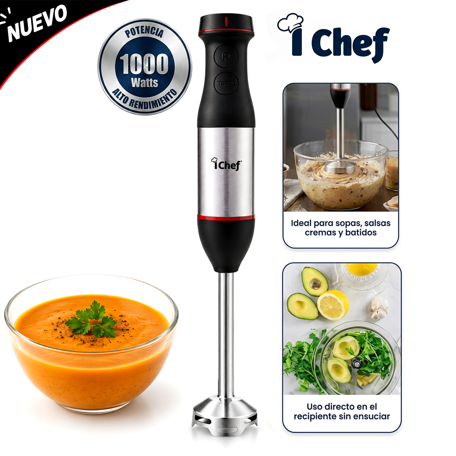 BATIDORA DE INMERSIÓN I CHEF 1000 WATTS NEGRO - 1