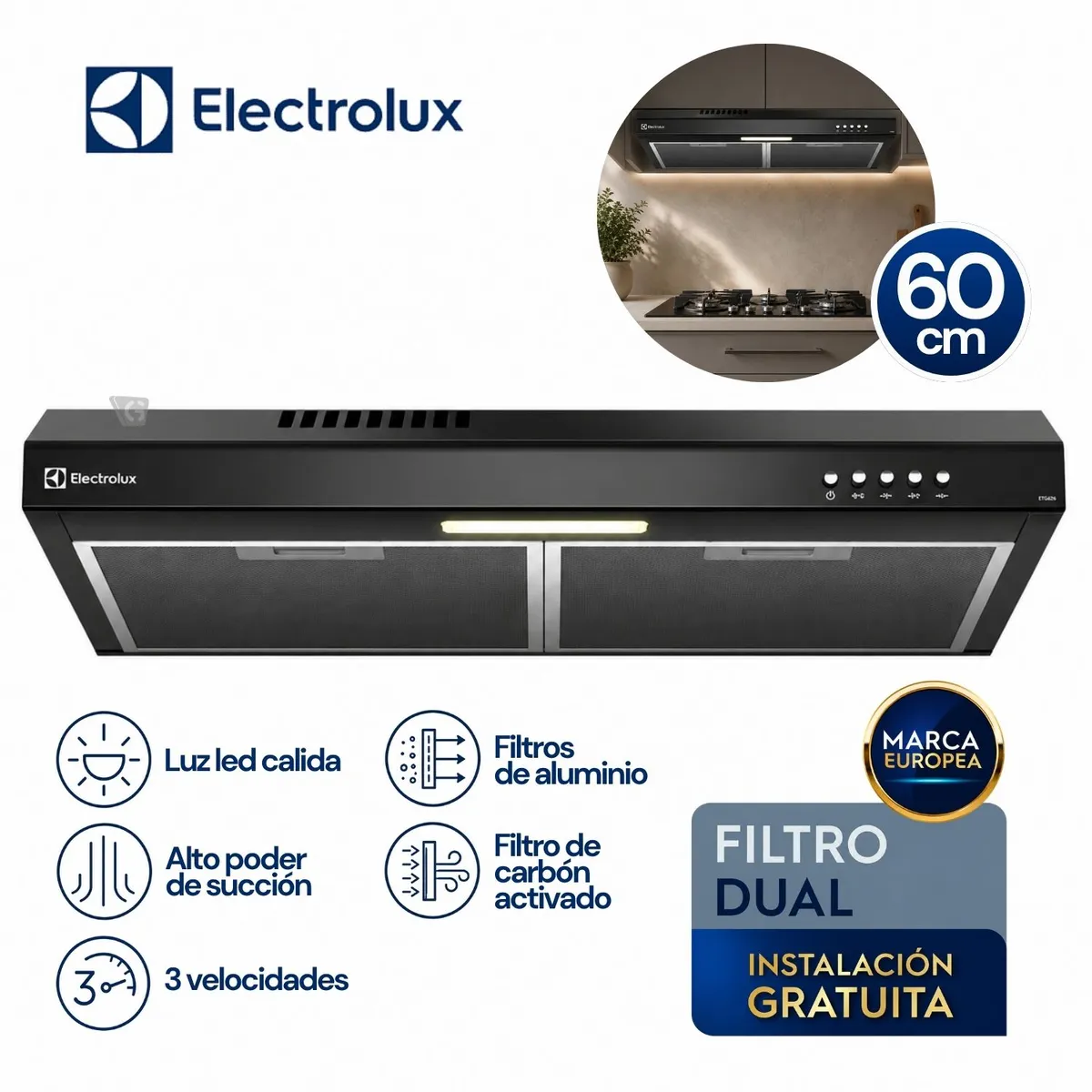 CAMPANA EXTRACTORA ELECTROLUX 60CM ALTO PODER DE SUCCIÓN E ILUMINACIÓN LED NEGRA DE6SB - 1
