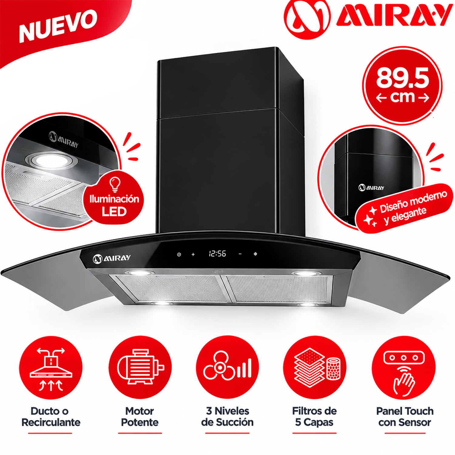 CAMPANA EXTRACTORA MIRAY CEDM-905V 89.5 CM NEGRO - 1