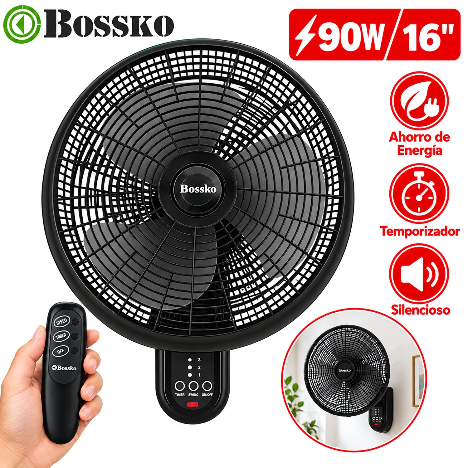 VENTILADOR DE PARED CON CONTROL 16' 90 WATTS BK-16-8010PD NEGRO - 1