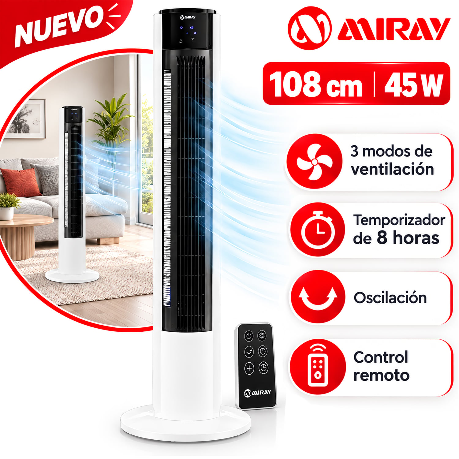VENTILADOR TIPO TORRE MIRAY 37' VMTT-1037R 45 WATTS BLANCO - 1