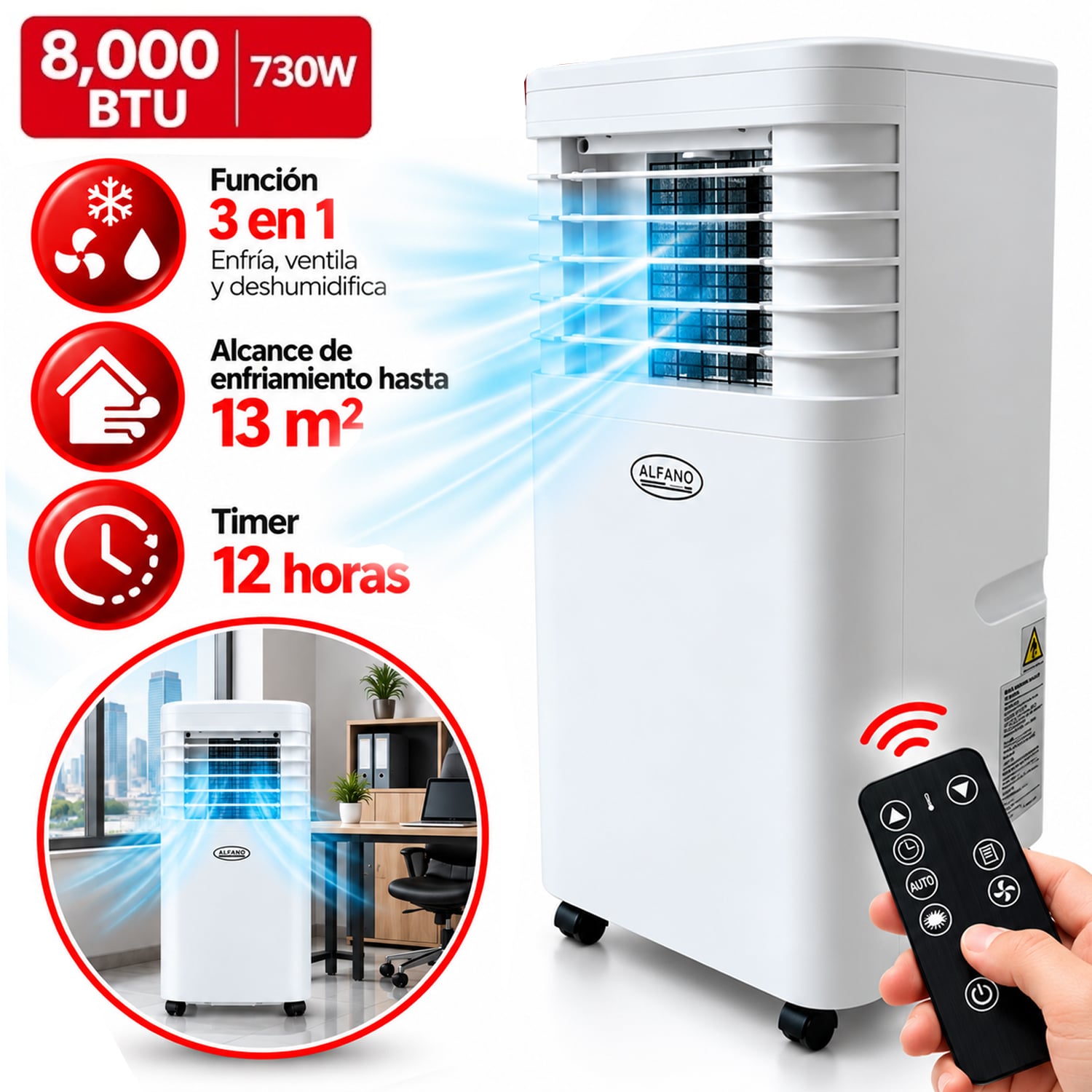 AIRE ACONDICIONADO PORTÁTIL ALFANO 8000 BTU 3 EN 1 PAC-8 - 1